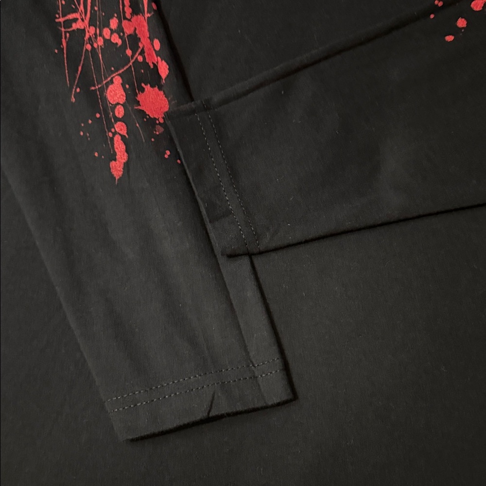 Next Level Apparel Black Long Sleeve Tee with Red Sleeve Splatter - Picture 2 of 16